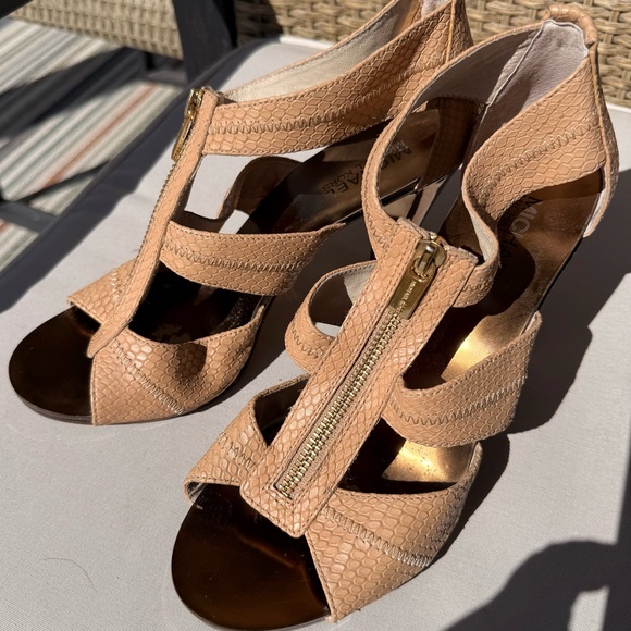 MICHAEL Michael Kors Tan Snake-Embossed Zip Front High Heel Sandals - Picture 2 of 4